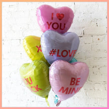 Load image into Gallery viewer, Valentine's Candy Hearts Bouquet (Six Printed 18" Foil Balloons)