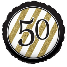 Load image into Gallery viewer, 13th - 100th Birthday Black & Gold Stripe Foil Helium Balloon 18"