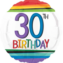 Load image into Gallery viewer, 13th - 100th Birthday Rainbow Stripe Foil Helium Balloon 18"