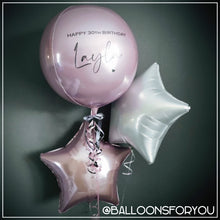 Load image into Gallery viewer, Orb THREE Balloon Cluster - VARIOUS COLOURS  Personalised STANDARD colour lettering
