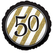 Load image into Gallery viewer, 13th - 100th Birthday Black &amp; Gold Stripe Foil Helium Balloon 18&quot;
